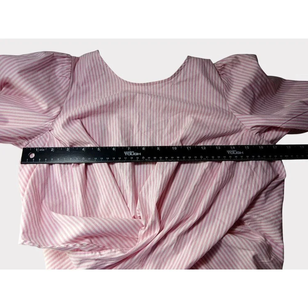 WAYF Dayna Tie Back Poplin Top Blouse Size S Striped Pink Wrap Long Sleeve Puff - Picture 10 of 11